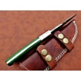 thumbnail image 7 of 9.5" long Damascus steel Gut hook skinning knife, Full tang Rain drop pattern straight back blade, Green colored wood scale with steel bolster, includes Cow hide Leather sheath (Green Wood), 7 of 7