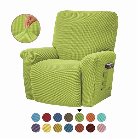 Mictong large solid color fleece recliner cover, washable sofa cover, thick polyester recliner cover, elastic recliner sofa cover, suitable for living room, 4-piece set, yellow-green