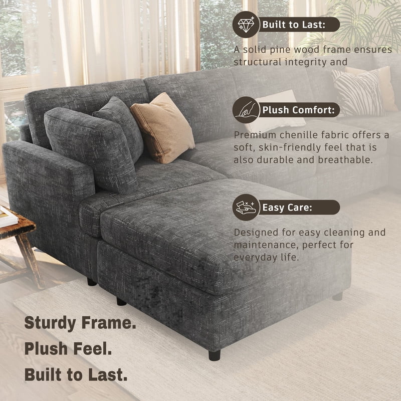 127" U-Shaped Modular Sectional Sofa with Movable Ottoman, 6-Piece Chenille Fabric Couch, Convertible Corner Sofa with Pine Wood Frame, Modern Deep Seat Sofa Set for Living Room & Apartment