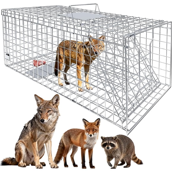 145x45x50cm Extra Large Live Animal Trap, Foldable Humane Catch and Release Cage with Handle, Heavy Duty Galvanized Steel Animal Relocation Trap for Large Raccoons, Woodchucks, Beavers, Coyotes