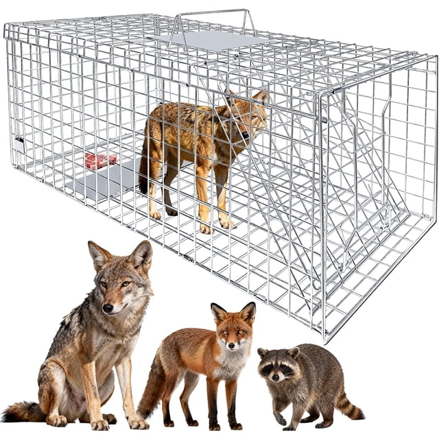 145x45x50cm Extra Large Live Animal Trap, Foldable Humane Catch and Release Cage with Handle, Heavy Duty Galvanized Steel Animal Relocation Trap for Large Raccoons, Woodchucks, Beavers, Coyotes