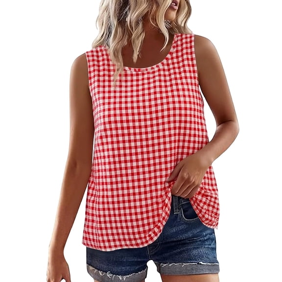 Ruimatai Women's Tank Top Plaid Sleeveless Blouse Summer Casual Round Neck Comfortable Stretch Soft Fabric Versatile for Work and Vacation