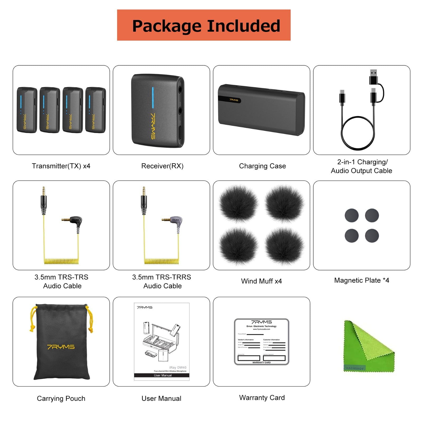7RYMS iRay DW40 Wireless Lavalier Microphone with Four Transmitters One Charging Case Support AI Denoise, 48kHz/24bit Recording for Video Vlog, Interview, Live Streaming, Podcasting-Black