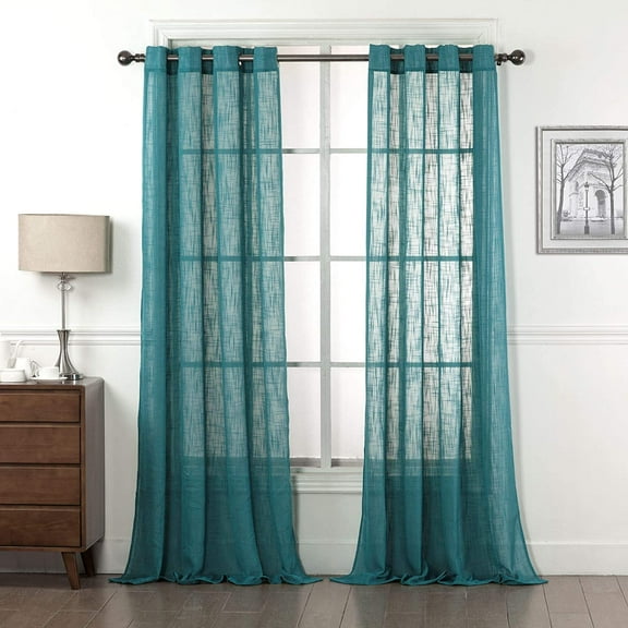 2 Piece Linen Textured Semi-Sheer Grommet Top Curtain Panel Drape Set (84" Long, Teal)