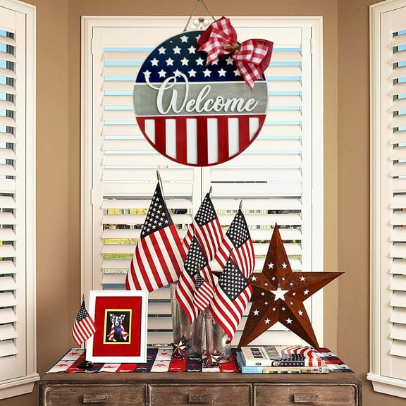 HOZVOMI 4th of July Welcome Sign, Patriotic Wreaths for Front Door, Independence Day Summer Farmhouse Patriotic Door Hanger, Memorial Day God Bless America Patriotic Decor