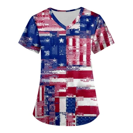 

Sksloeg Scrub Tops Women 4th Of July American Flag Print Scrub Nurse Top Shirts Short Sleeve Working Tops Workwear Comfy Shirt Blouses Clothing Blue M