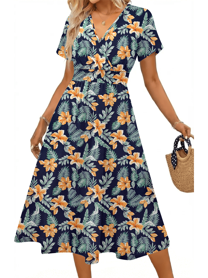 UVN Women Summer Dresses Short Sleeve V Neck A-Line Midi Dress Ladies Boho  Beach Floral Print Sundress - Walmart.com