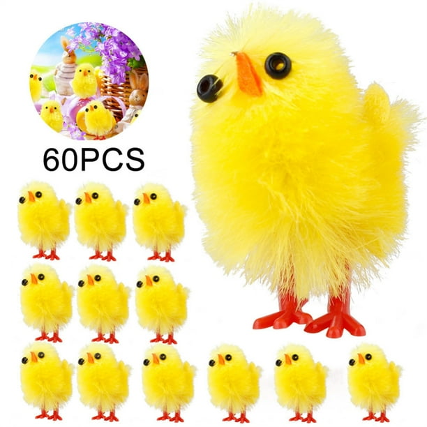 60 mini pollitos amarillos de Pascua para decoración de mesa, figuras de animales de granja, figuras de pollo de peluche para niños