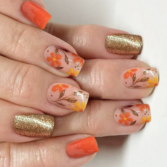 KUFptva 24Pieces Glittering Flower Press on Nails Tips Short Look European Manicure Art Artificial Fingernails Set