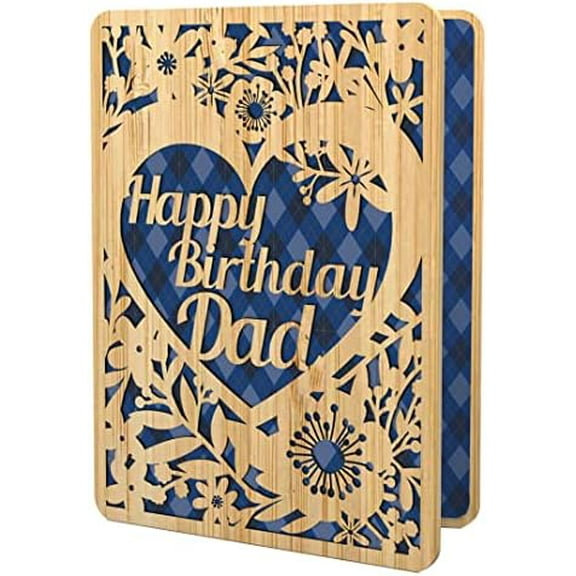 Happy Birthday Card For Dad - | Made From Real Bamboo | 6" X 4.5" - 1 Pack (Envelope Included) | Laser Cut, Floral Dad Birthday Card from Daughter, Son or kids (Birthday Card Dad)