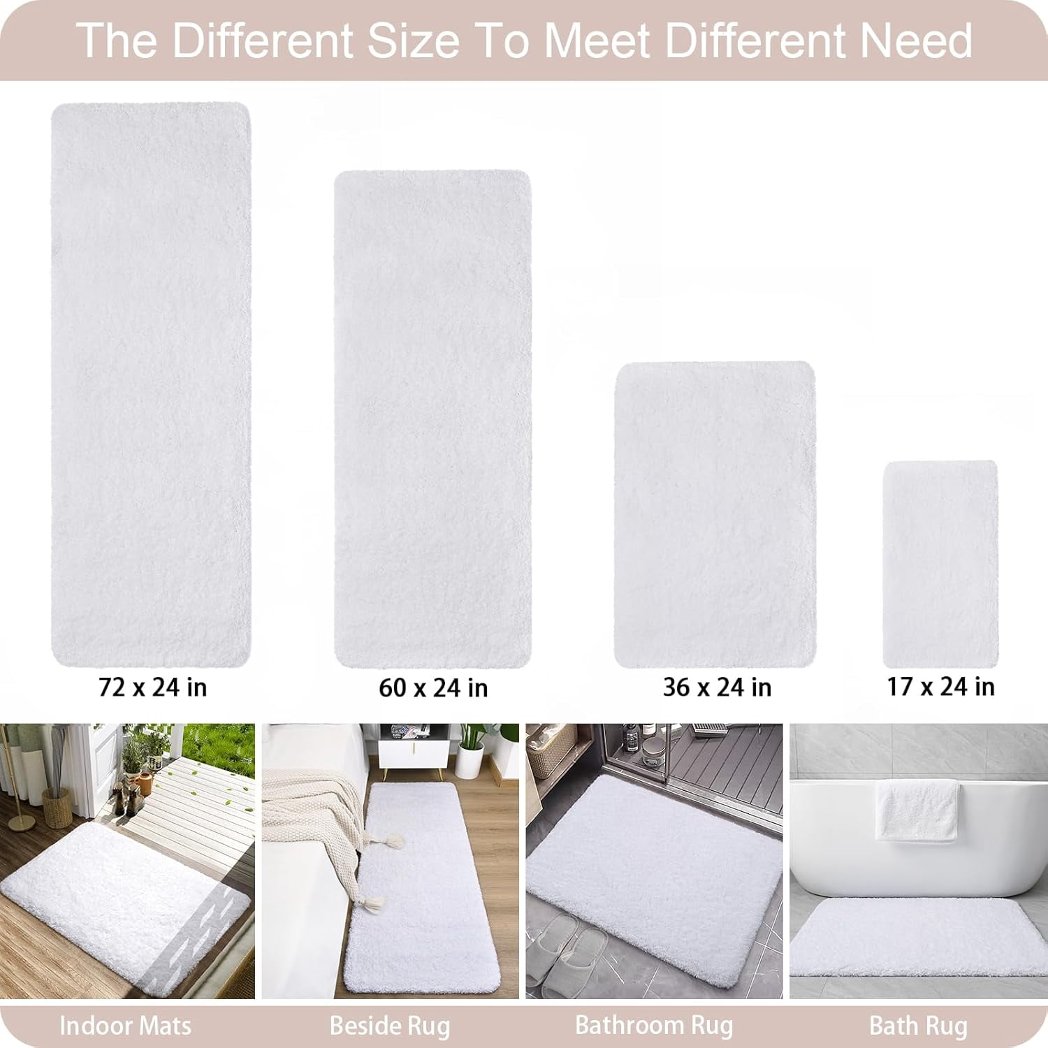 Luxury Long Bathroom Runner Rug, 24x60 Inch Thick Soft and Absorbent Non Slip Bath Mat, Rubber Backing Quick Dry Rugs Carpets, Machine Washable Plush Mats for Shower Floor, White