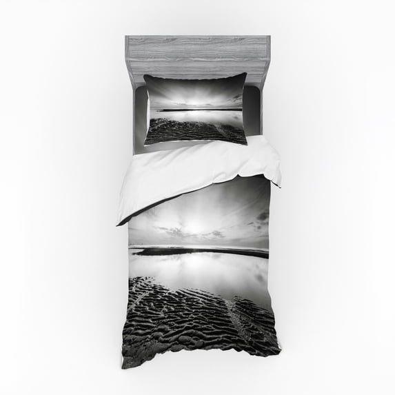 Black and White Duvet Cover Set, Idyllic Sunrise at the Beach Rippled Seashore Dramatic View Image, Bedding Set with Shams and Fitted Sheet, 3 Sizes, by Ambesonne