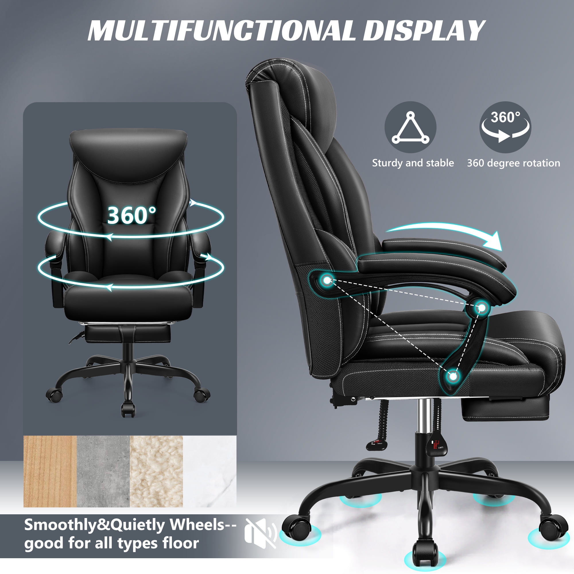 ATHOPE Leather Office Chair 400Lbs, Executive Office Chair with Footrest High Back Support, Big and Tall Ergonomic Desk Chair, Adjustment Computer Chair 360°Swivel Free, Black