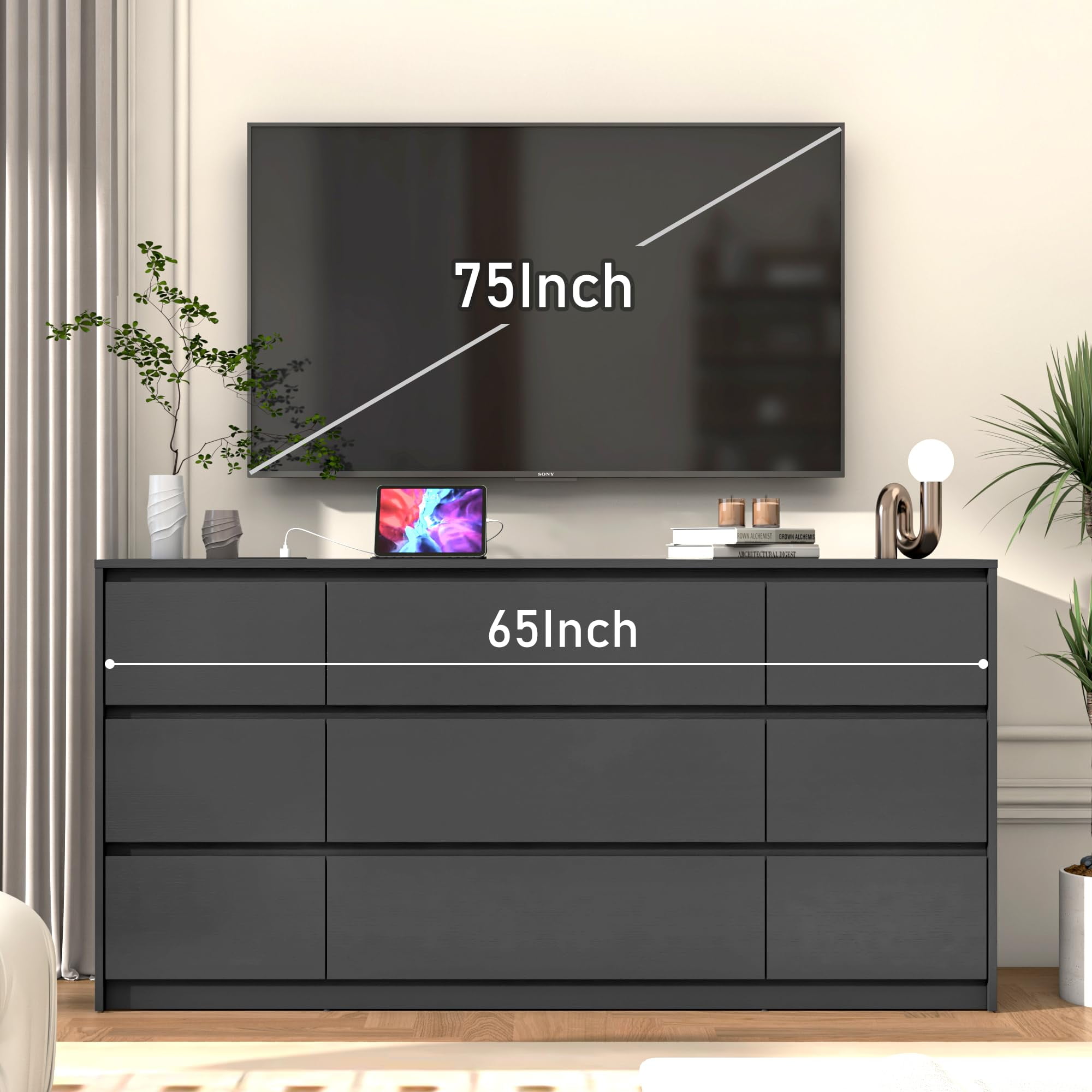 ChVans Black 9 Drawers Dresser with Charging Station, 63" Long Modern Dresser with 9 Drawers for Bedroom, Large Wood Chest of Drawers Handle Free, Dresser for Bedroom, Living Room, Hallway