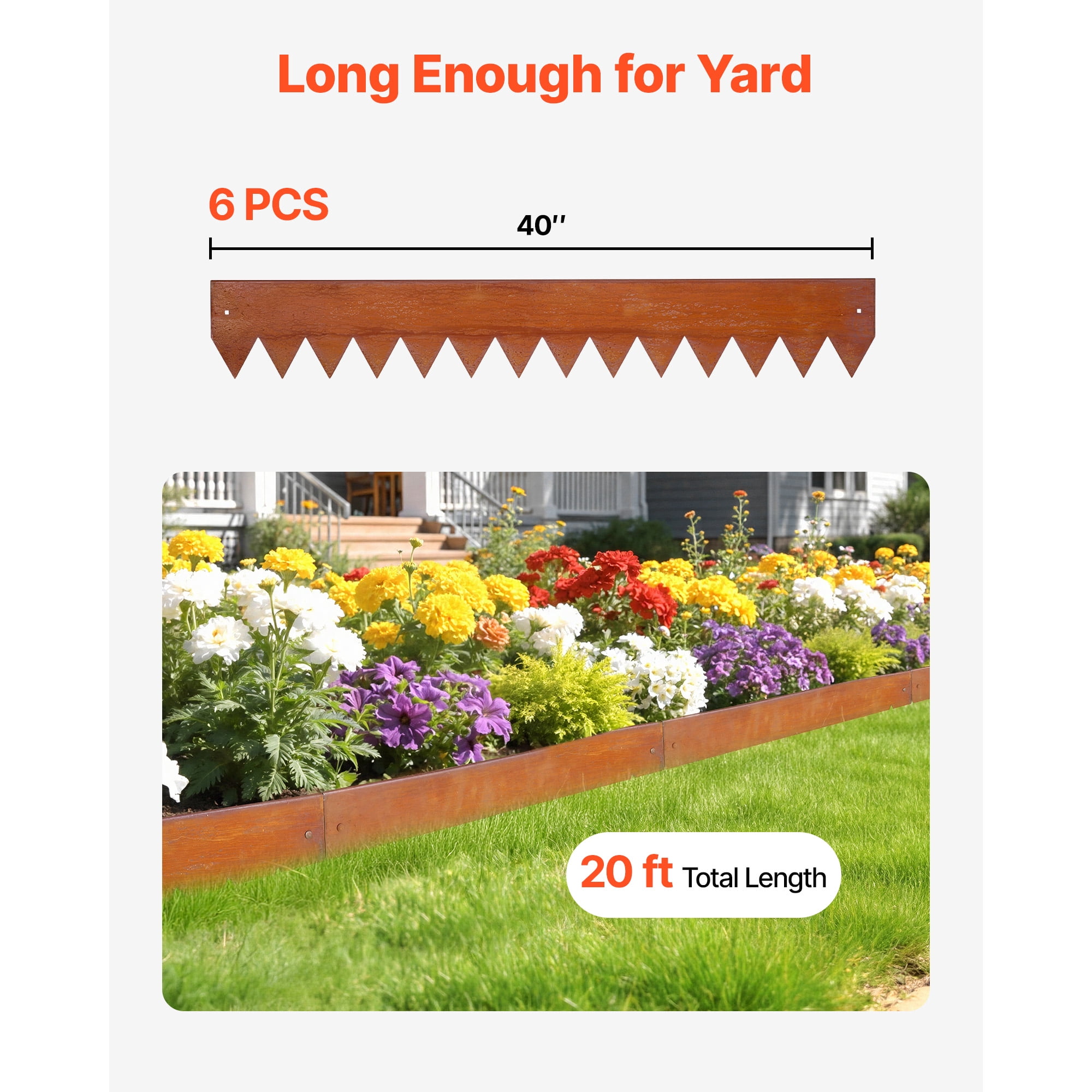 KFFKFF Corten Steel Landscape Edging, 6-Pack 40 x 6 Inch Metal Edging for Landscaping with 8 Connectors, Flexible Metal Garden Border for Flower Beds, Pathways, and Outdoor Spaces