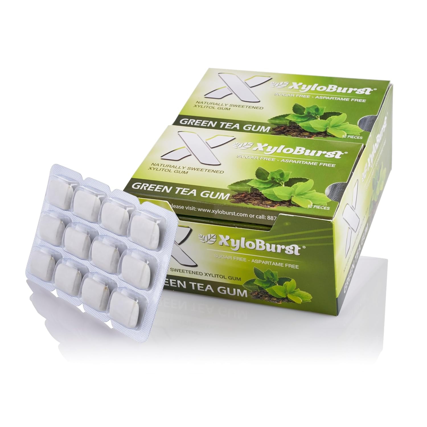 XyloBurst Gum | Xylitol Chewing Gum | Sugar Free Gluten-Free Keto Friendly | Aspartame Free Gum For Oral Health | Green Tea | 12 Pieces Pack of 12