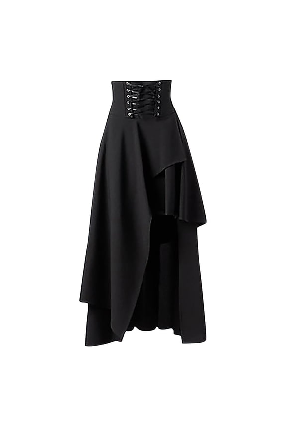Womens Halloween Lace Up High Waist Maxi Skirt Fall Winter Steampunk Gothic Long Skirts A-line Stretchy Flared Casual Irregular Skater Skirt
