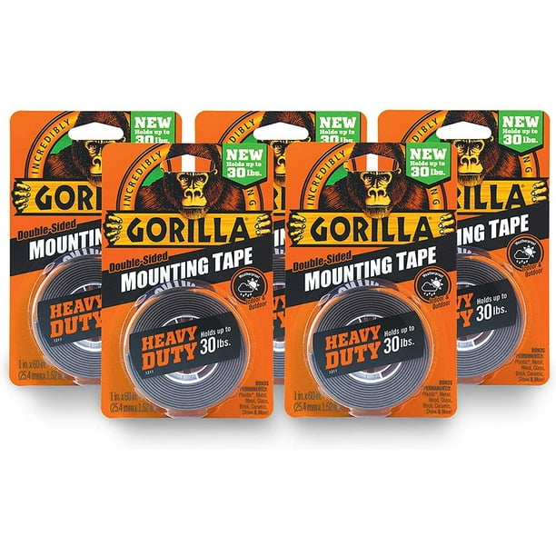 Gorilla Heavy Duty Double Sided Mounting Tape, 1" x 60", Black, Pack of 5