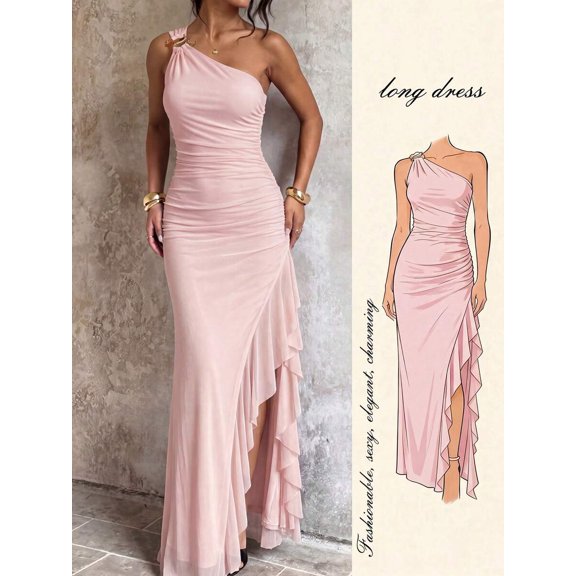 Womens Pink One Shoulder Maxi Dress Ruched Bodycon Long Gown High Slit