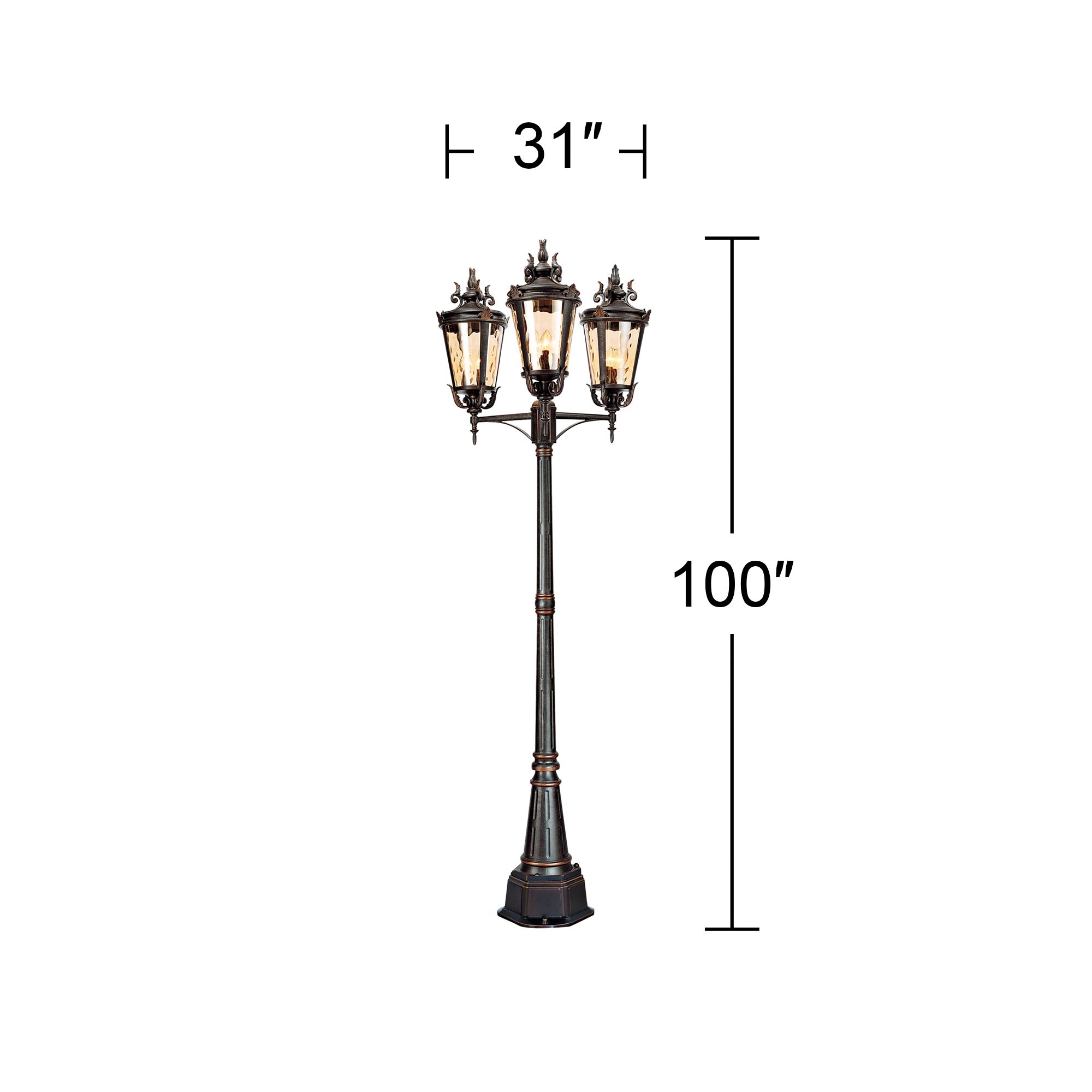 John Timberland Mediterranean Outdoor Post Light Street Lantern 3 Light Veranda Bronze 100" Clear Hammered Glass for Exterior Yard