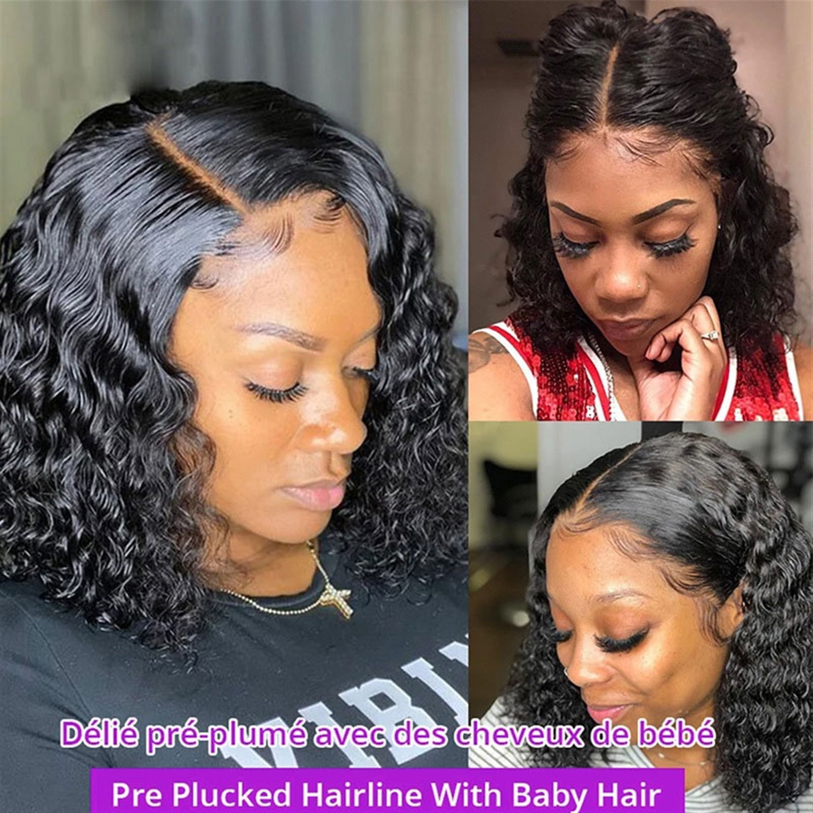 13*4 Lace Frontal Brazilian Virgin Deep Wave Human Hair 180% Density Pre-Plucked Side Part Short Bob Wigs For Black Woman