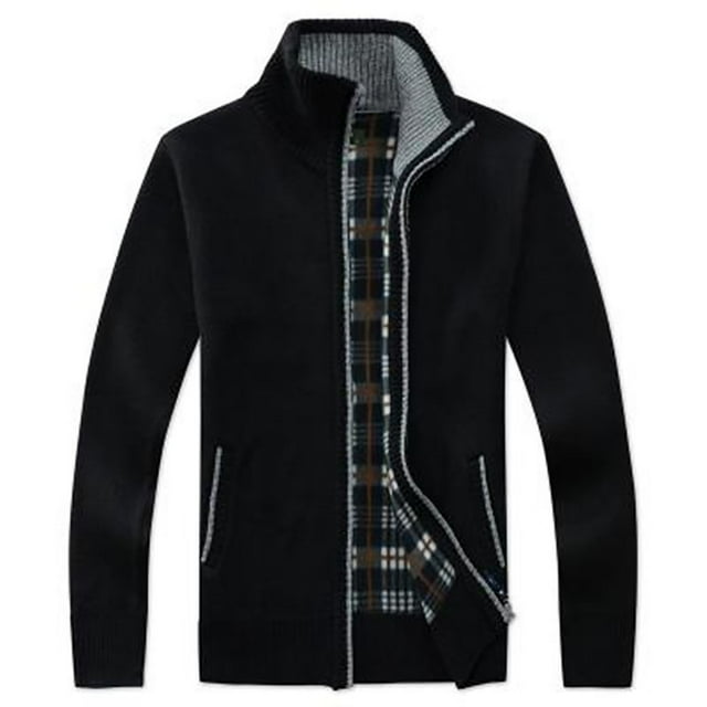 Qertyioot Men's Stand Collar Plush Knitting Sweater Long Sleeve Solid Color Zipper Coat