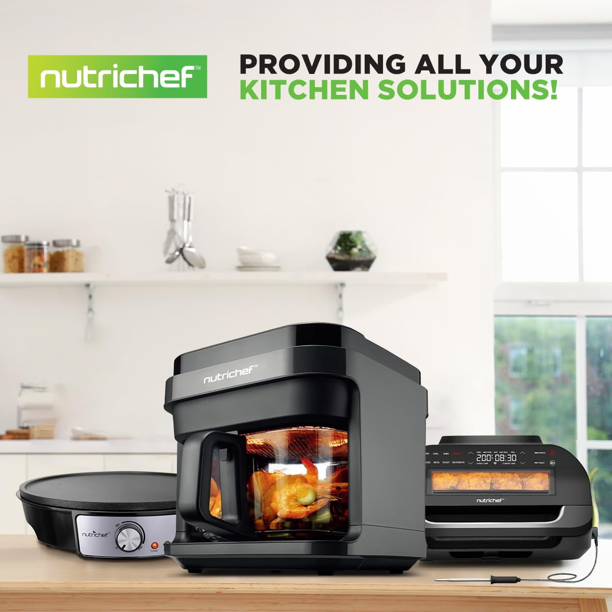 Nutrichef 5.8 Quart Air Fryer - 8-1 Preset Cook Modes - Transparent Fry Bowl for Best Cooking Results - Cook Shrimp, Steak, Fries, Wings, Chicken & More - Precise Temperature Control & Time - Grey