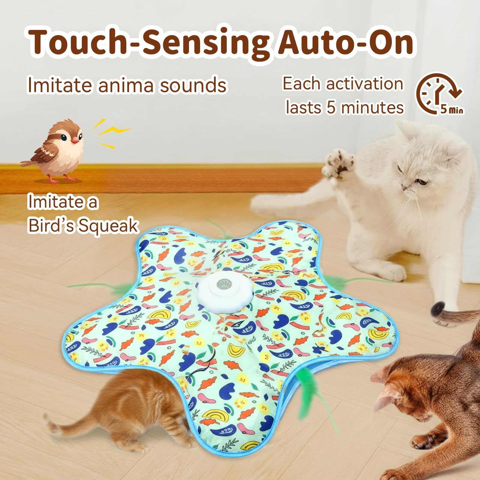 Cat Toys For Indoor Cats  Rechargeable Interactive With Touch-activated And Seek Fluttering Mouse Squeaker Bored Adult Green