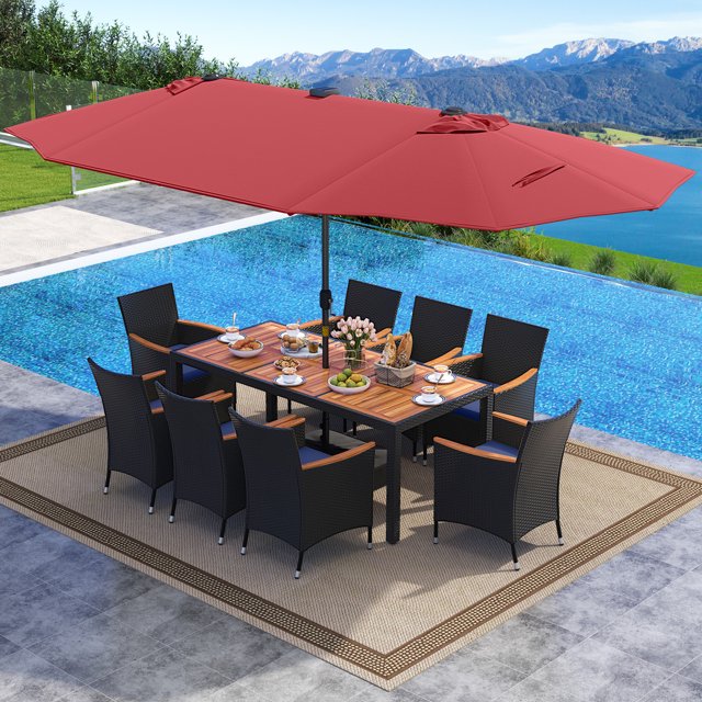 Gymax 11 PCS Patio Dining Set w/ 15ft Double-Sided Patio Umbrella (Base Included) Wine