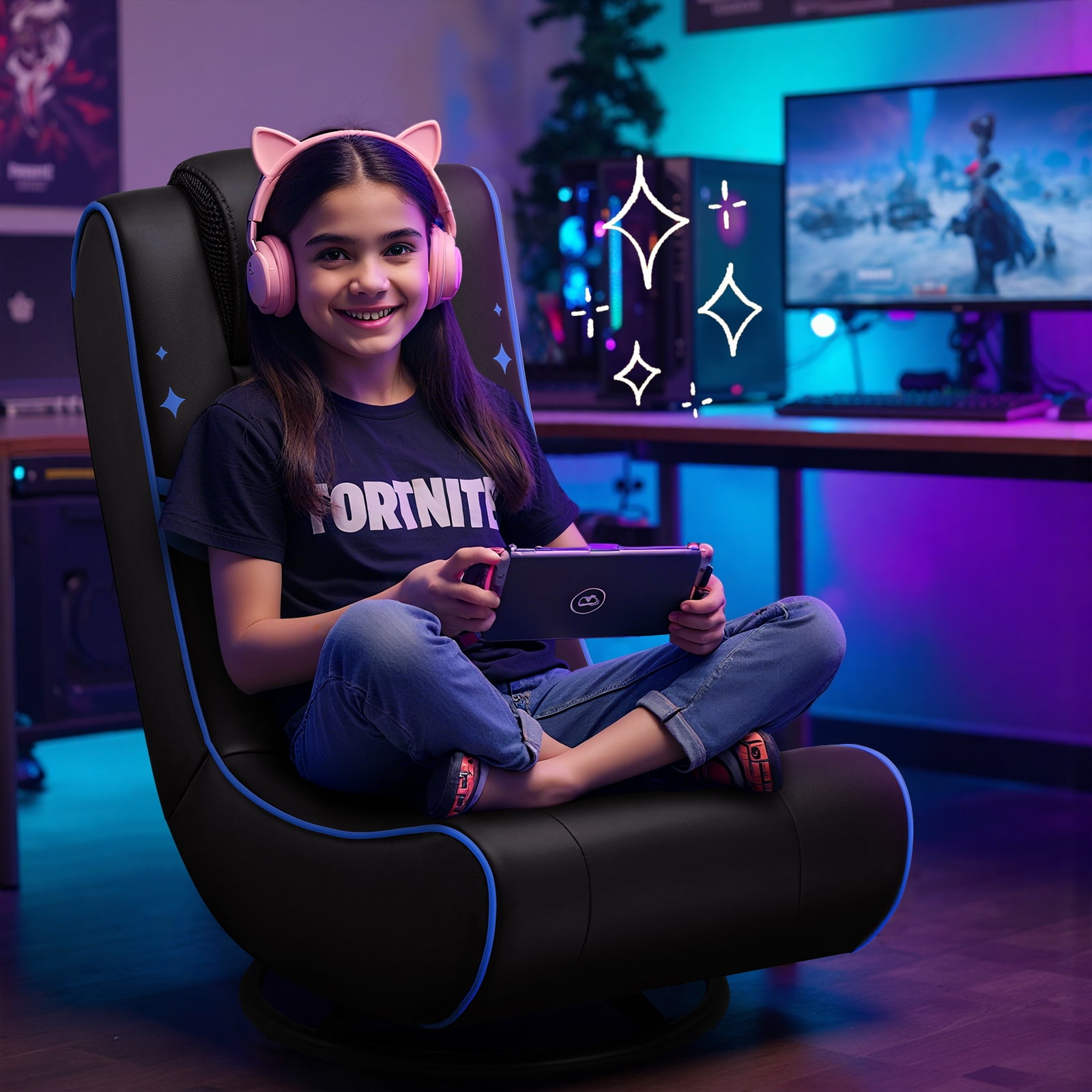 GTPLAYER Swivel Floor Gaming Chairs with Foldable Backrest for Teens, Black&blue