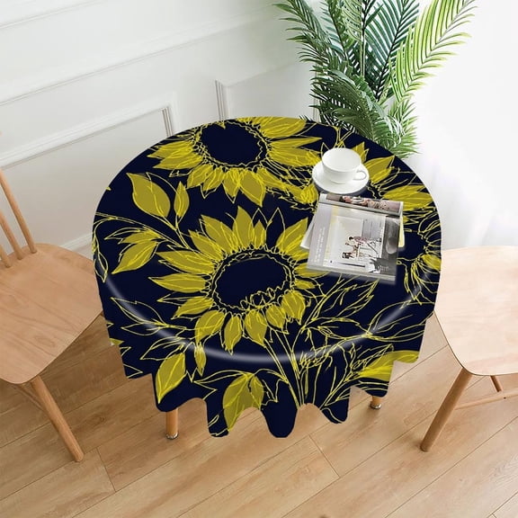 RKSupls 60 Inch Round Tablecloth, Sunflower Botanical Pattern Premium Polyester Straight Edge Wrinkle Resistant Washable Table Cover for Party Home Dining Decor
