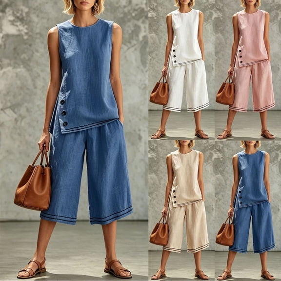 Womens Casual Two Piece Outfit Round Neck Sleeveless Top Elastic Waist Culotte Pants with Pockets Cotton Blend Vacation Set Blue XL(XL)