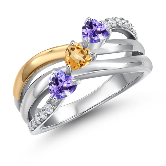 Gem Stone King 925 Silver and 10K Yellow Gold Blue Tanzanite and Yellow Citrine and Lab Grown Diamond Engagement Ring for Women | 0.77 Cttw | Heart Shape Gemstone December Birthstone | Size 5