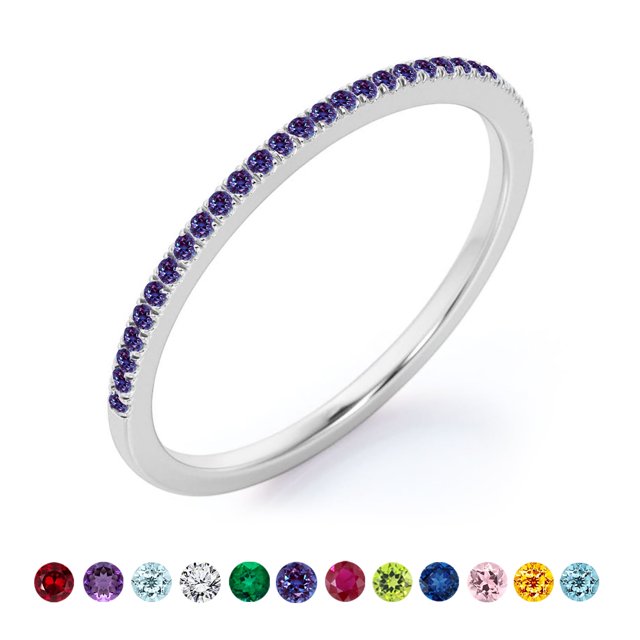 JeenMata Alianza de Boda Clásica con Detalles Pavé, Corte Redondo de 0,25 Quilates (Piedra Natal de Junio), Baño de Oro Blanco de 18 K sobre Plata