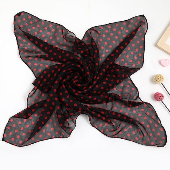 ERDOUY Elegant Personalized Scarf, Chiffon Square Scarf Simulation Silk Scarf, Decorative Small Round Dot Scarf (Black Red Dots)