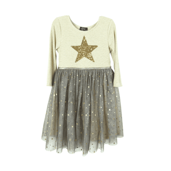 Pink & Violet Toddler Girls Sequin Star Bodice with Star Foiled Mesh Skirt Dress - Gold, Charcoal