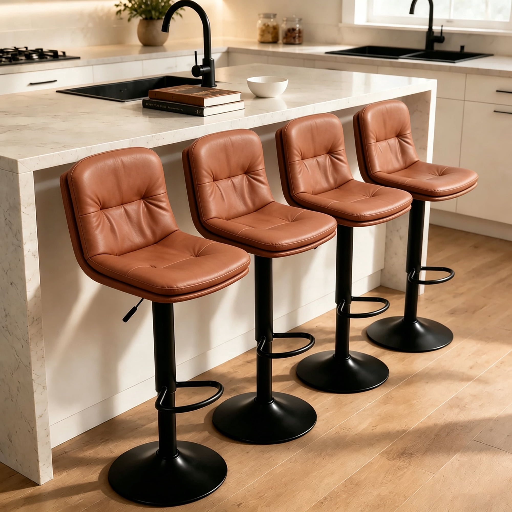 Walktory Set of 4 Swivel Adjustable PU Leather Counter Height Bar Stools Brown