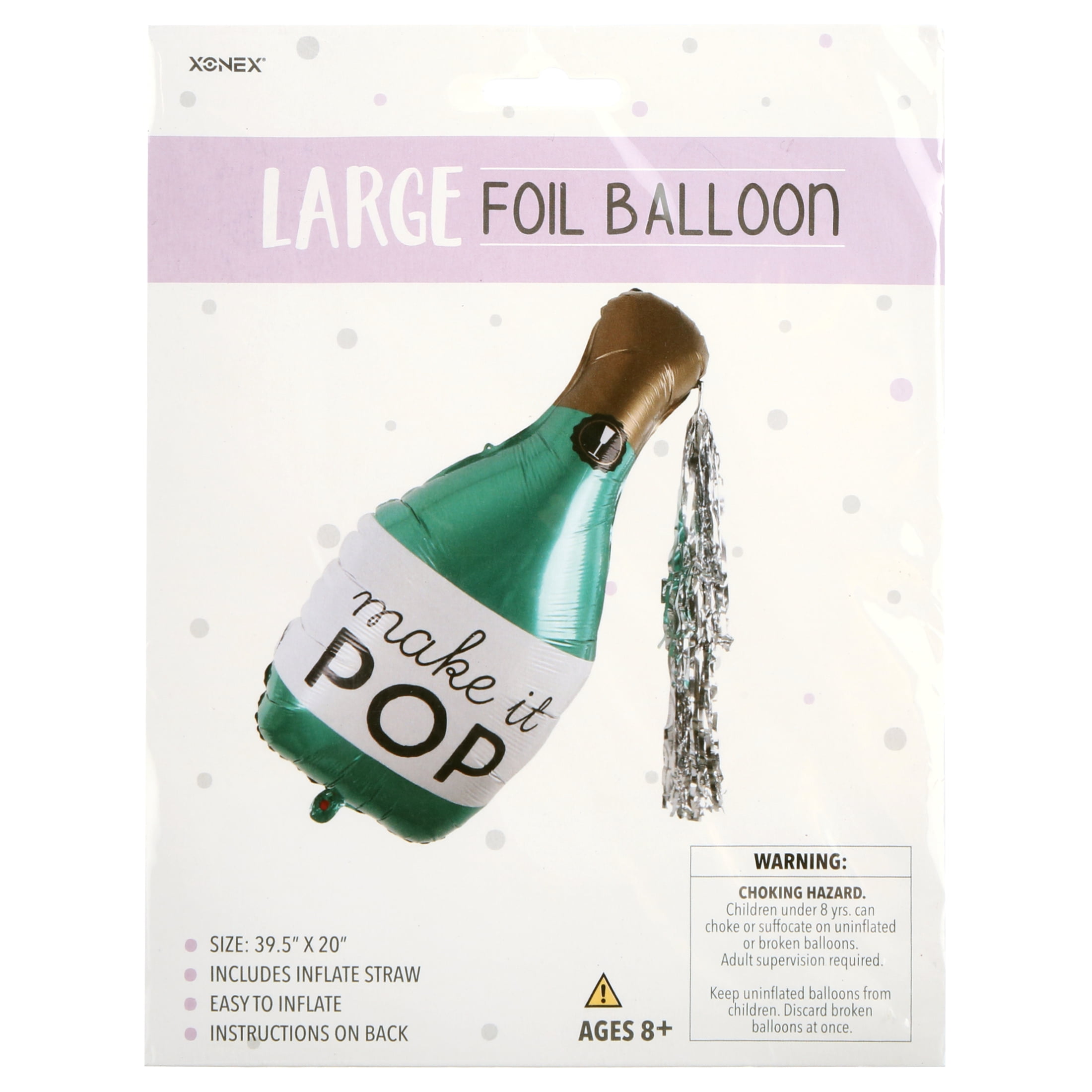 Large "Make it Pop" Champagne Bottle Foil Balloon with Silver Tassel, 20in x 39.5in