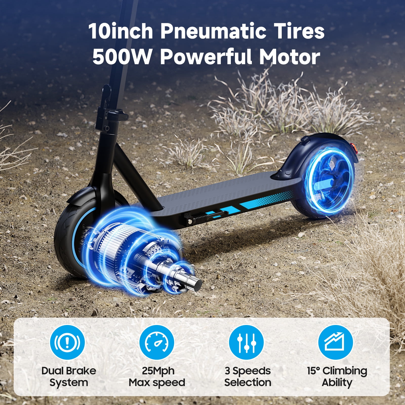 Electric Scooter for Adults, 500W, 25 Miles & 25 MPH Max, 10'' Pneumatic Tires Portable Folding Design，Commuting E-Scooter Blue