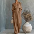 thumbnail image 2 of GILIGEGE Women Linen Blend Wrap V Neck High Waist Half Sleeve Flowy Wide Leg Jumpsuit Romper One Piece Outfit Casual Dressy Elegant Summer Vacation Holiday Soft Breathable Loose Fashion Outfit Coffee, 2 of 9