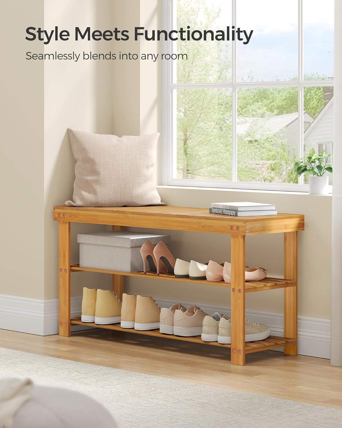 3-Tier Shoe Rack Bench, Hallway Bamboo Organizer, Home Storage Shelf with Holds 286 lb, Natural