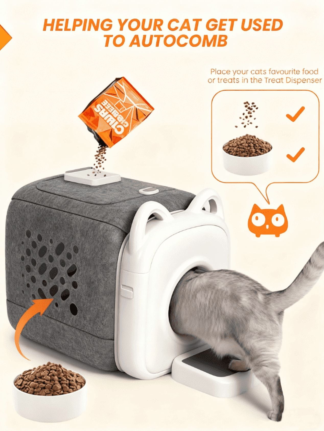 Automatic Cat Self Groomer with 360° Surround Brush, Skin-Friendly Grooming Tool with Biomimetic Cat Tongue Brush & Smart Feeder for Long and Short Haired Cats