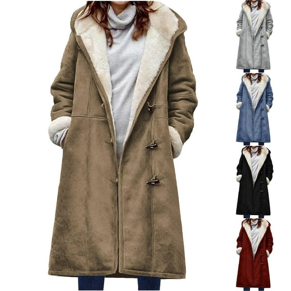 Fartey Long Winter Coats for Women Trendy Horn Buttons Faux Suede Jackets Warm Sherpa Fleece Lined Hooded Parka with Pockets Gray S