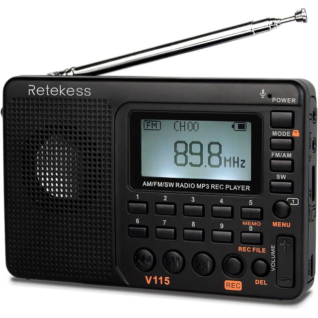 Radio digital Retekess V115 AM FM portátil de onda corta negra