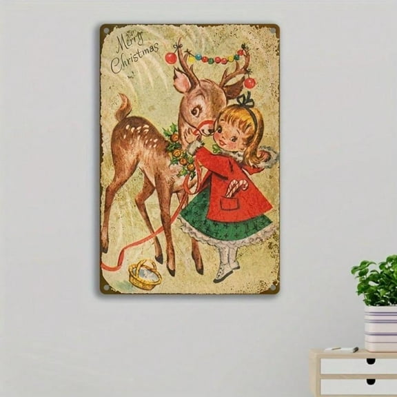 HELLOYOUNG 2D Flat, 1pc 12x8 Inch Vintage Christmas Reindeer Metal Tin Sign - Rustic Iron Wall Art with Merry Christmas Text, Retro Holiday Decor for Home, Cafe, Garage & Festive Gift, 2D Flat