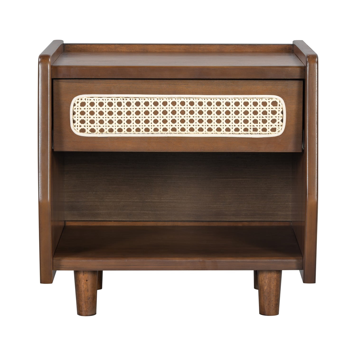 Walnut Nightstand with Rattan Detail, Modern Bedside Table with Drawer and Open Shelf, MDF & Solid Wood Storage End Table for Bedroom Living Room Apartment
