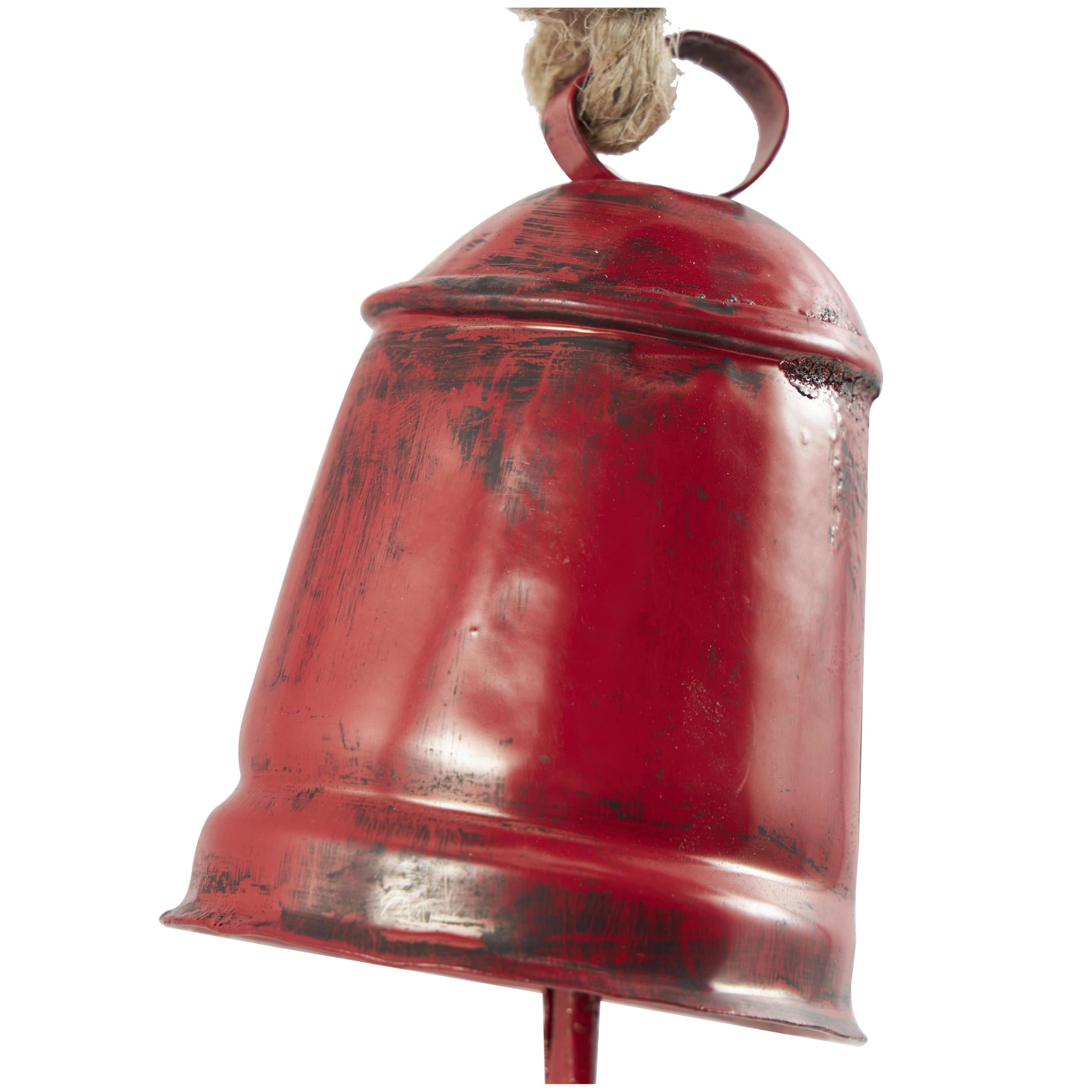 DecMode Tibetan Inspired Cascading Red Metal Cylindrical Decorative Cow Bells with 4 Bells on Jute Hanging Rope