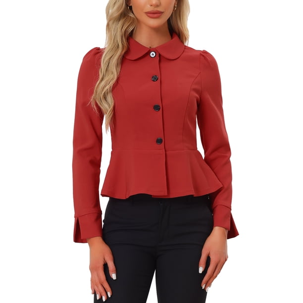 BLAZERS DE OFICINA DE UNA SOLA FILA CON MANGAS LARGAS Y HEM RUFFLE DE COLLAR PETER PAN ELEGANTE PARA MUJERES CHIC XS ROJO