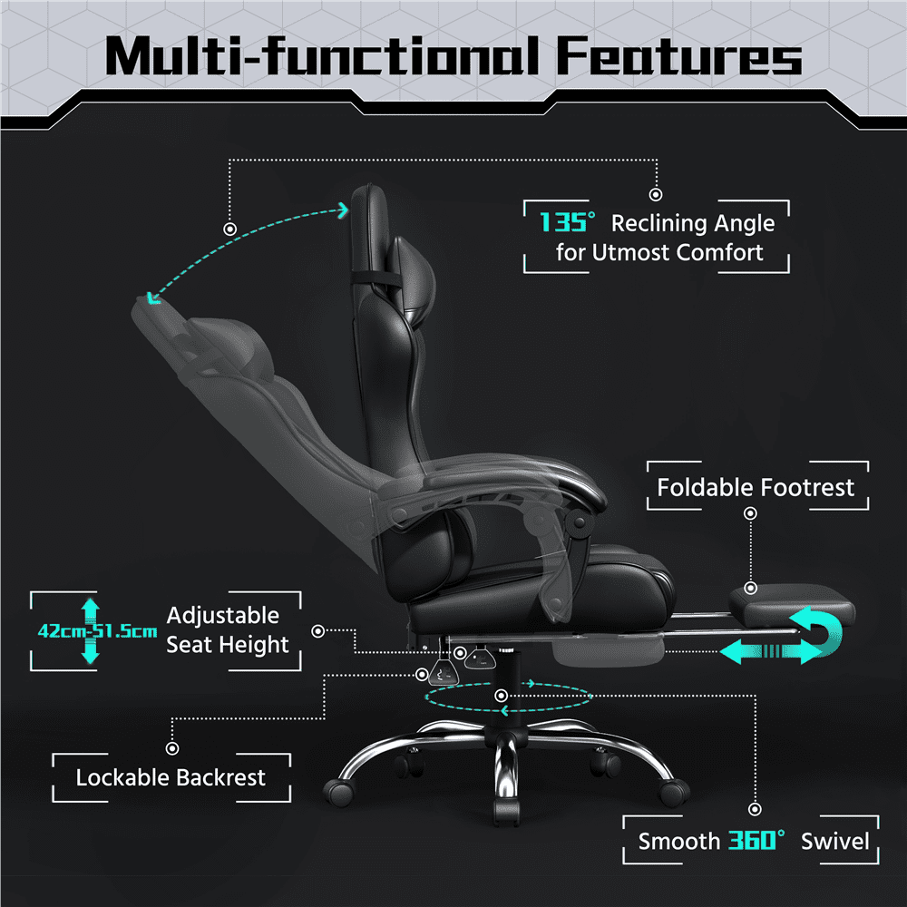 Fullfurnique Ergonomic High Back Gaming Chair with Slide Out Footrest, Full Black