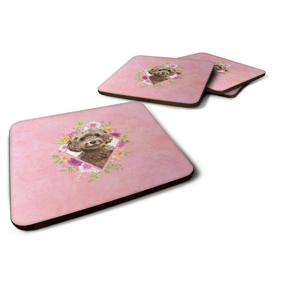 Carolines Treasures CK4253FC Chocolate Cockapoo Pink Flowers Foam Coaster Set of 4 3 1/2 x 3 1/2 multicolor